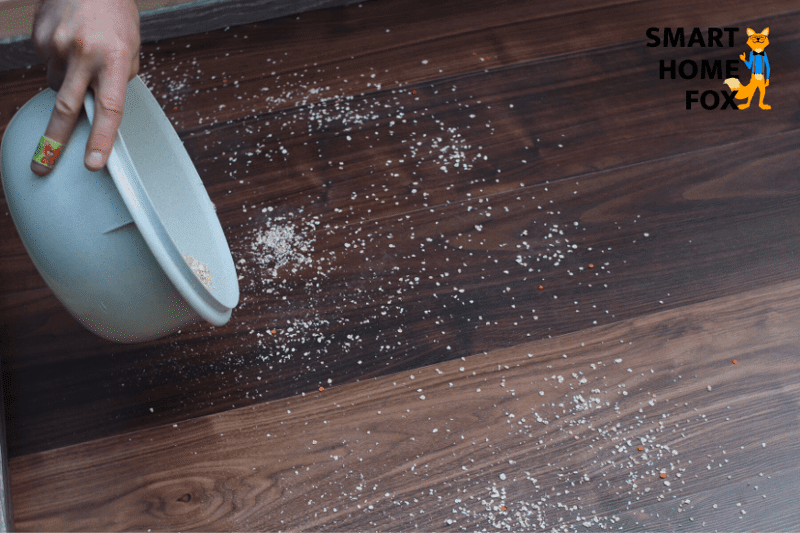 The iRobot Roomba i7 plus during the oat flakes suction test on laminate.